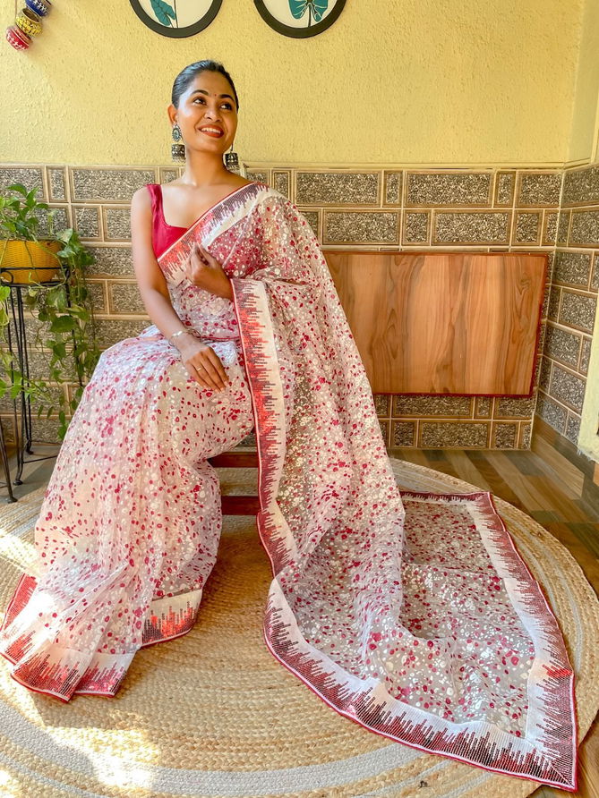 Aarohi 351 Fancy Hand Printed Organza Saree Collection
